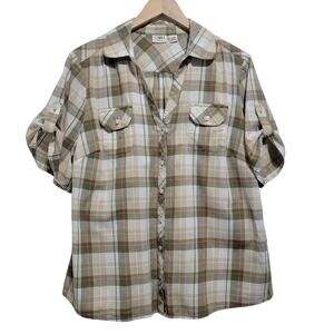 Cato Womens Plaid Shirt Button Front Short Roll Tab Sleeves Size 14/16W